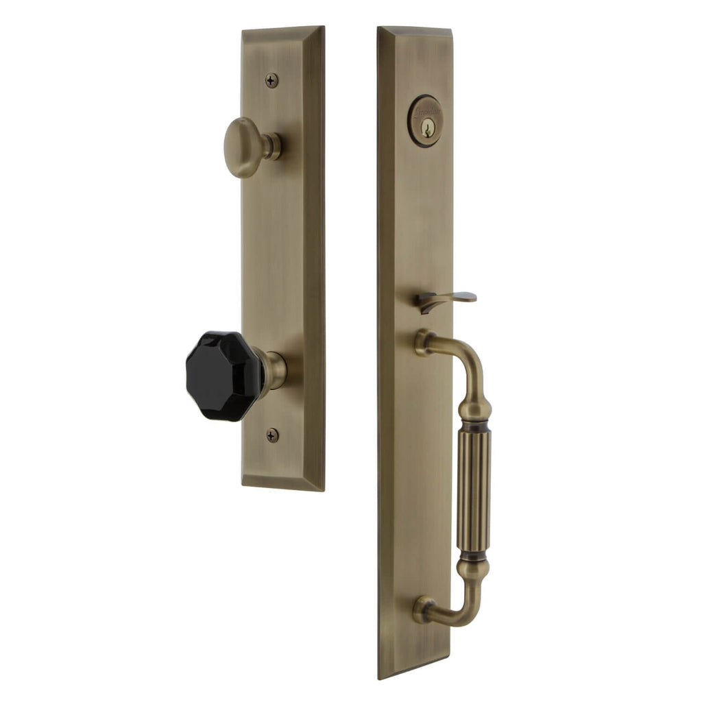 Grandeur Fifth Avenue One-Piece Handleset with F Grip and Lyon Knob in Vintage Brass