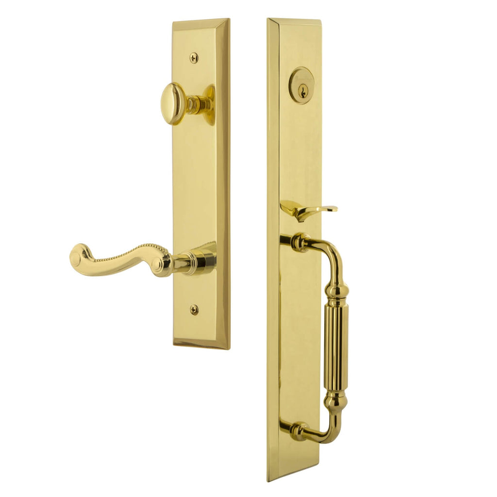 Fifth Avenue One-Piece Handleset with F Grip and Newport Lever in Lifetime Brass