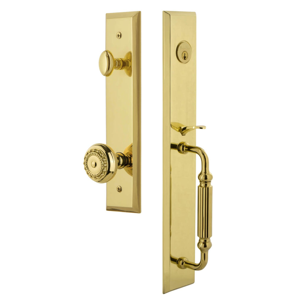 Fifth Avenue One-Piece Handleset with F Grip and Parthenon Knob in Lifetime Brass