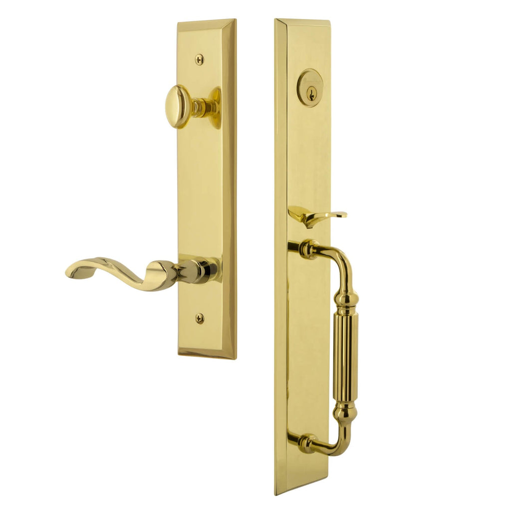 Fifth Avenue One-Piece Handleset with F Grip and Portofino Lever in Lifetime Brass