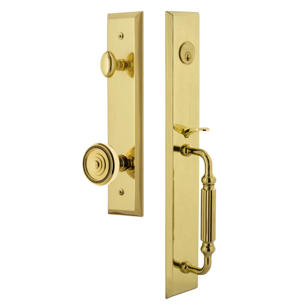 Fifth Avenue One-Piece Handleset with F Grip and Soleil Knob in Lifetime Brass