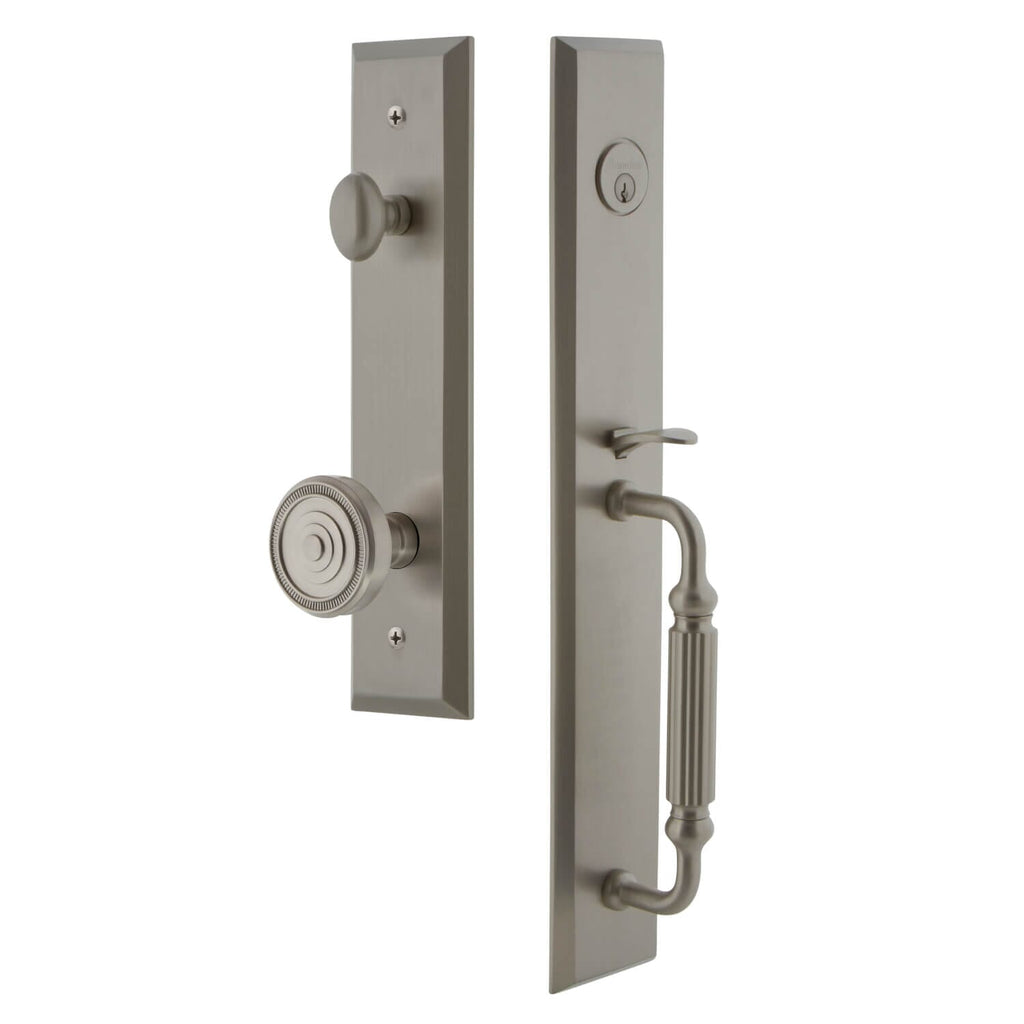 Fifth Avenue One-Piece Handleset with F Grip and Soleil Knob in Satin Nickel