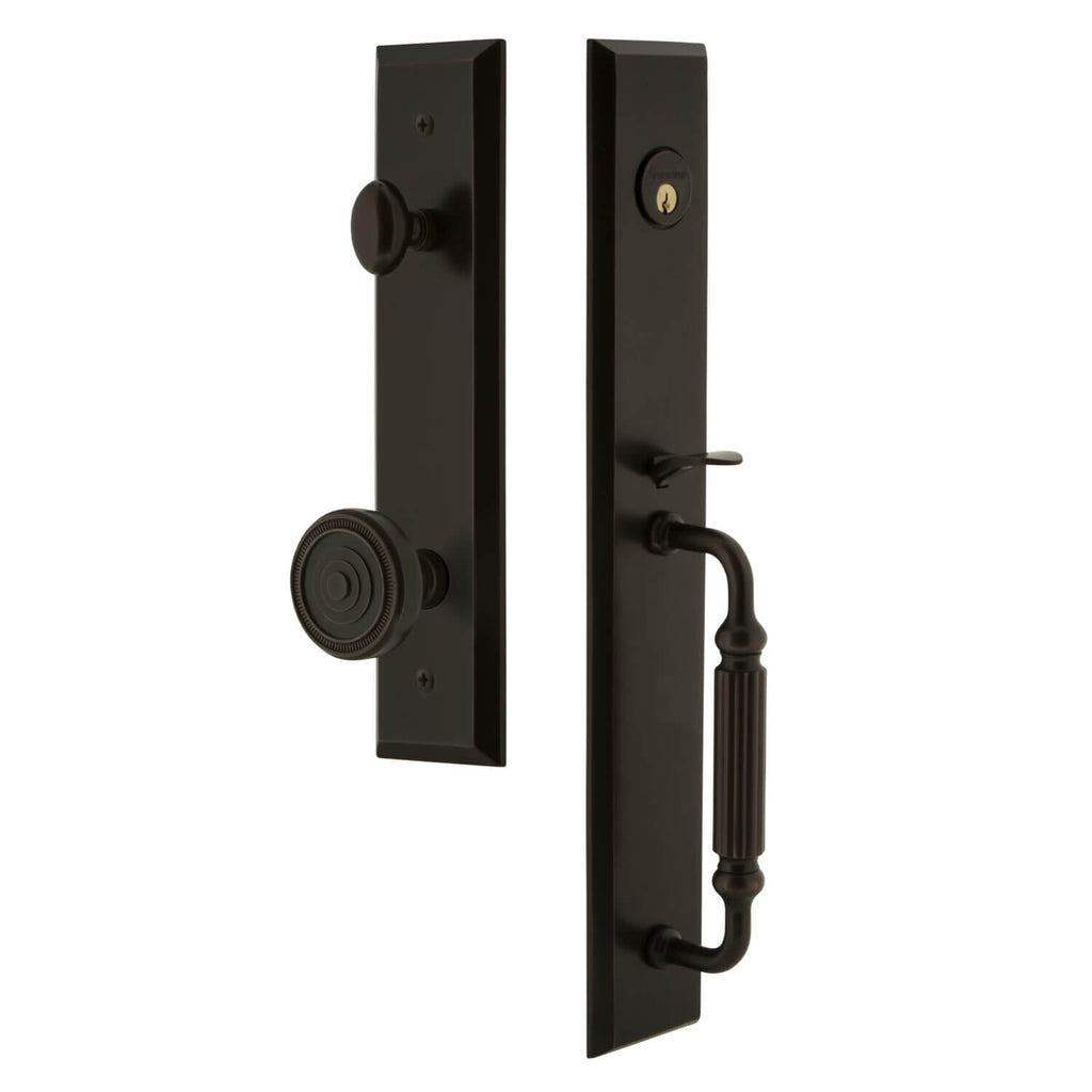 Fifth Avenue One-Piece Handleset with F Grip and Soleil Knob in Timeless Bronze