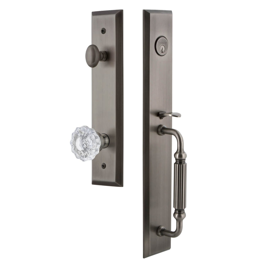 Fifth Avenue One-Piece Handleset with F Grip and Versailles Knob in Antique Pewter