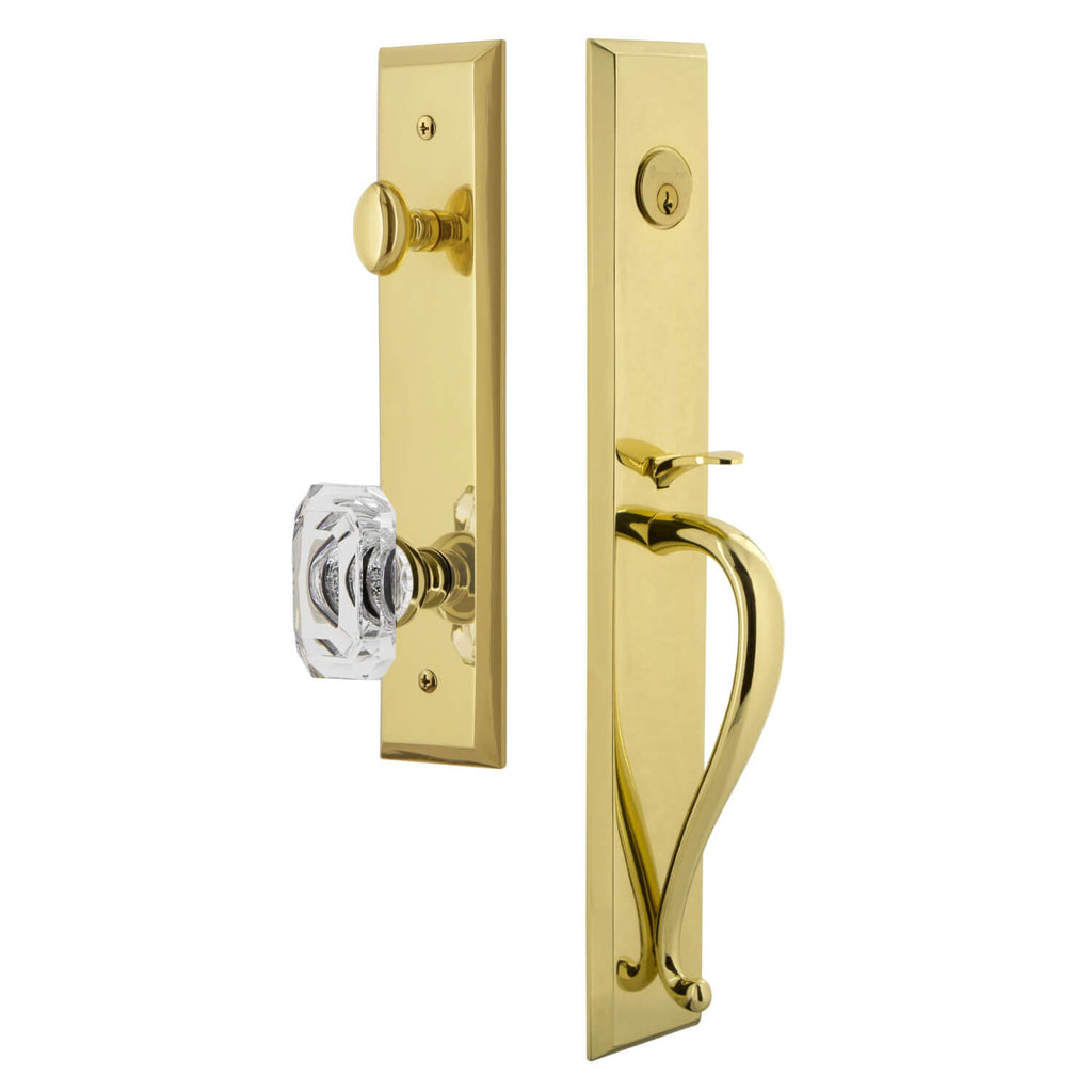 Fifth Avenue One-Piece Handleset with S Grip and Baguette Clear Crystal Knob in Lifetime Brass