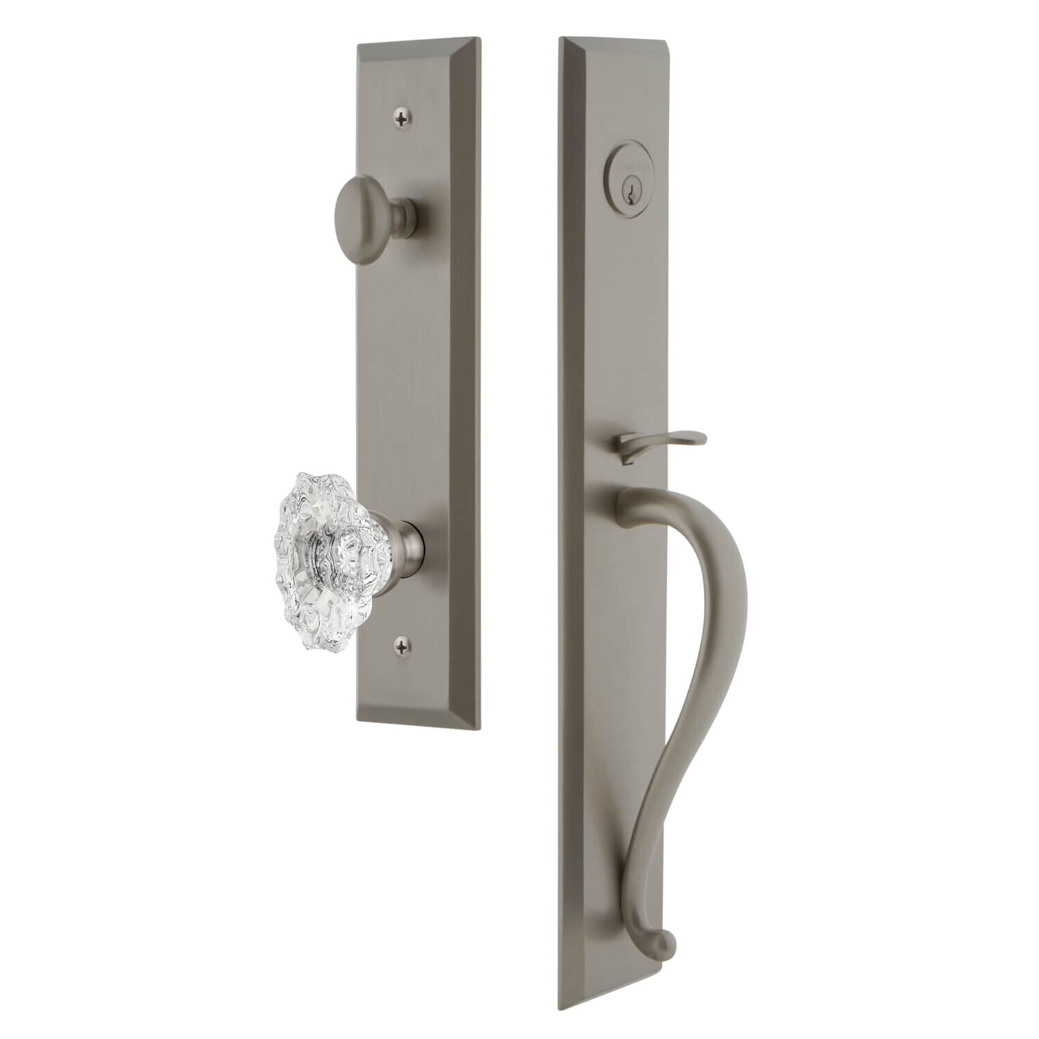 Fifth Avenue One-Piece Handleset with S Grip and Biarritz Knob in Satin  Nickel
