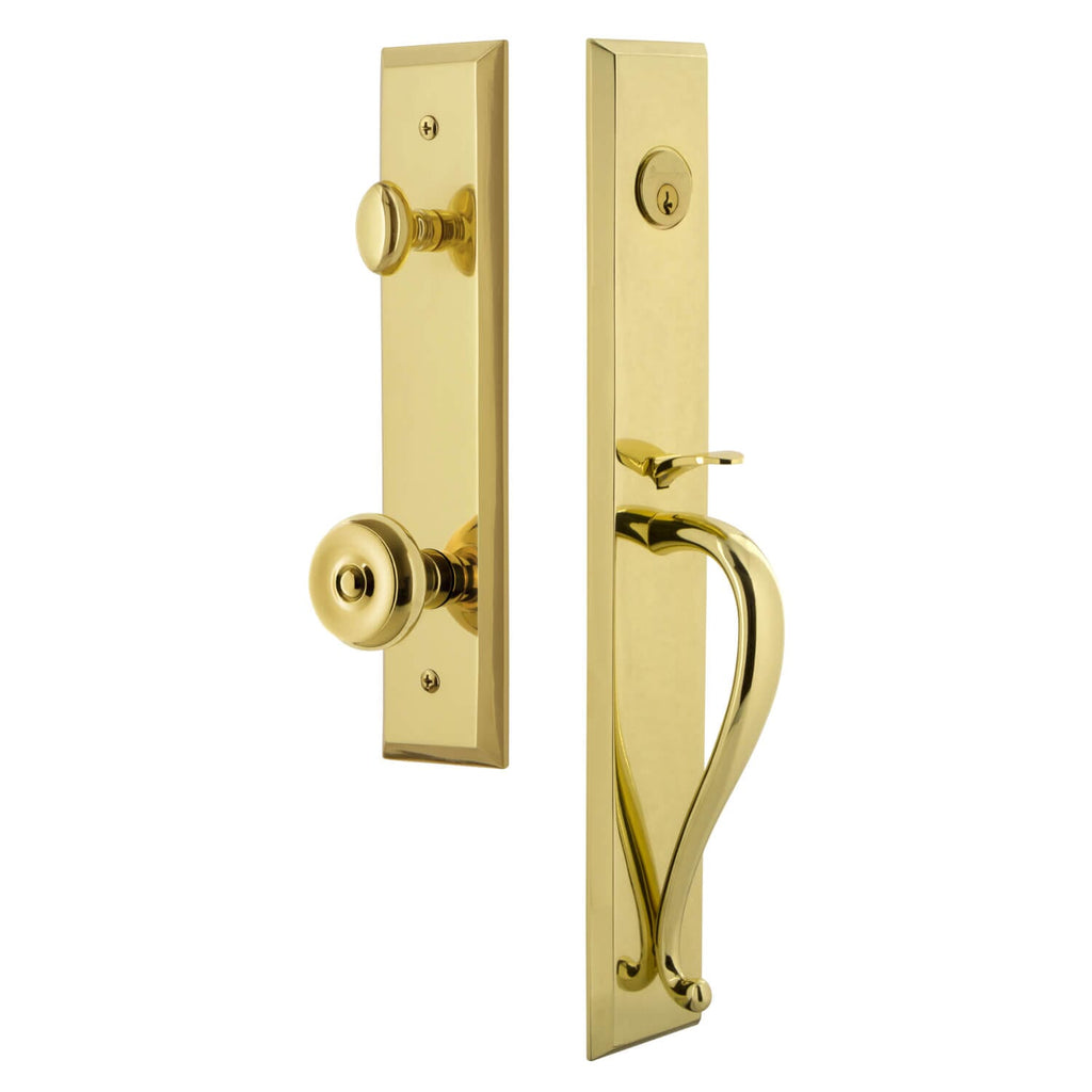 Fifth Avenue One-Piece Handleset with S Grip and Bouton Knob in Lifetime Brass