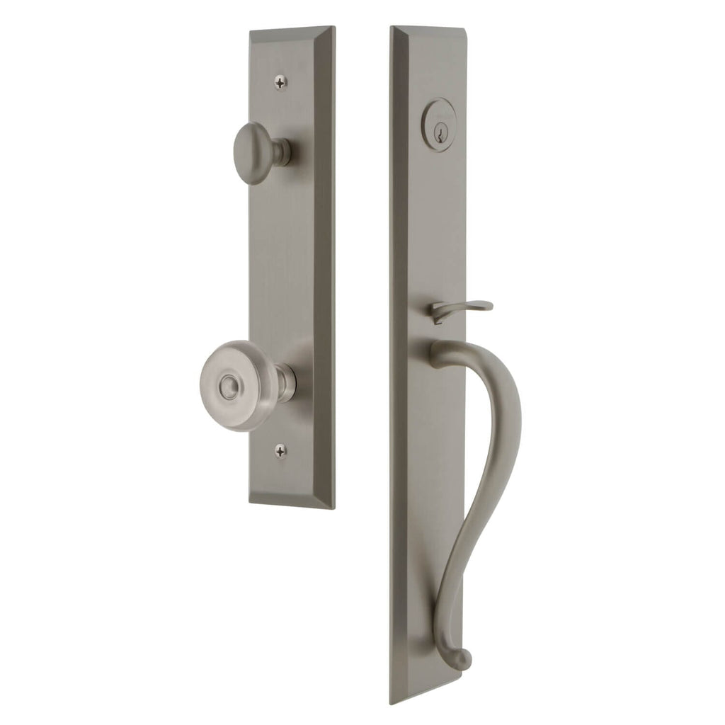 Fifth Avenue One-Piece Handleset with S Grip and Bouton Knob in Satin Nickel