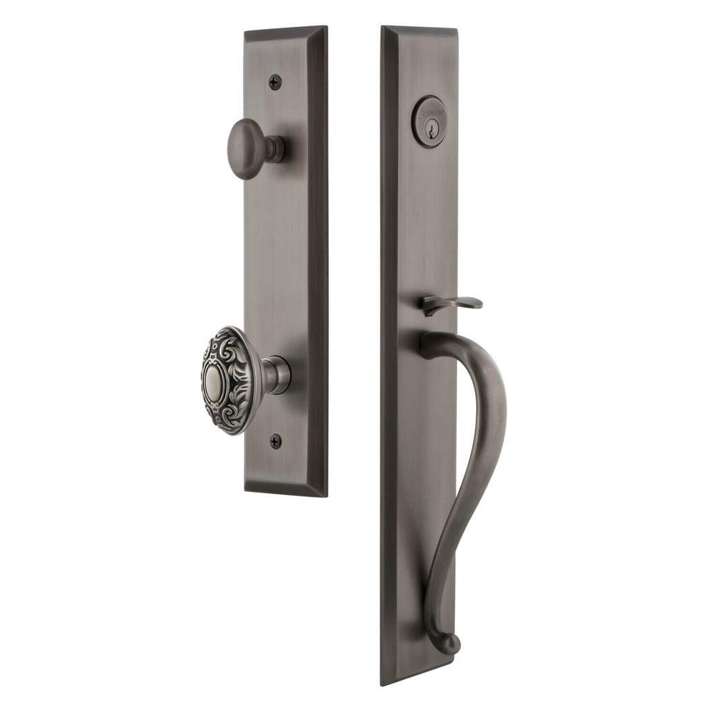 Fifth Avenue One-Piece Handleset with S Grip and Grande Victorian Knob in Antique Pewter