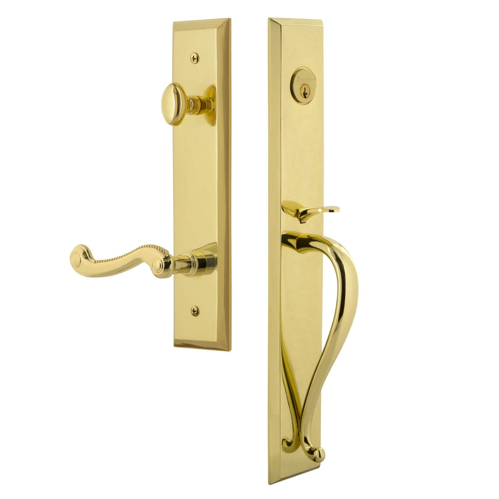 Fifth Avenue One-Piece Handleset with S Grip and Newport Lever in Lifetime Brass