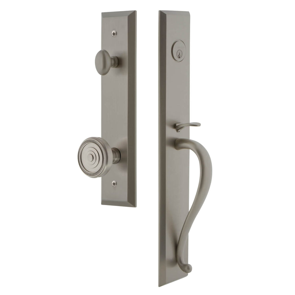 Fifth Avenue One-Piece Handleset with S Grip and Soleil Knob in Satin Nickel