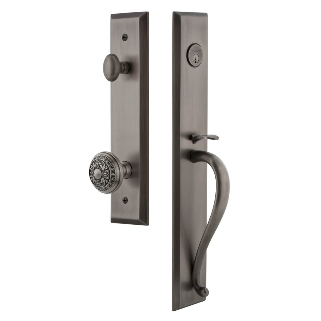 Fifth Avenue One-Piece Handleset with S Grip and Windsor Knob in Antique Pewter