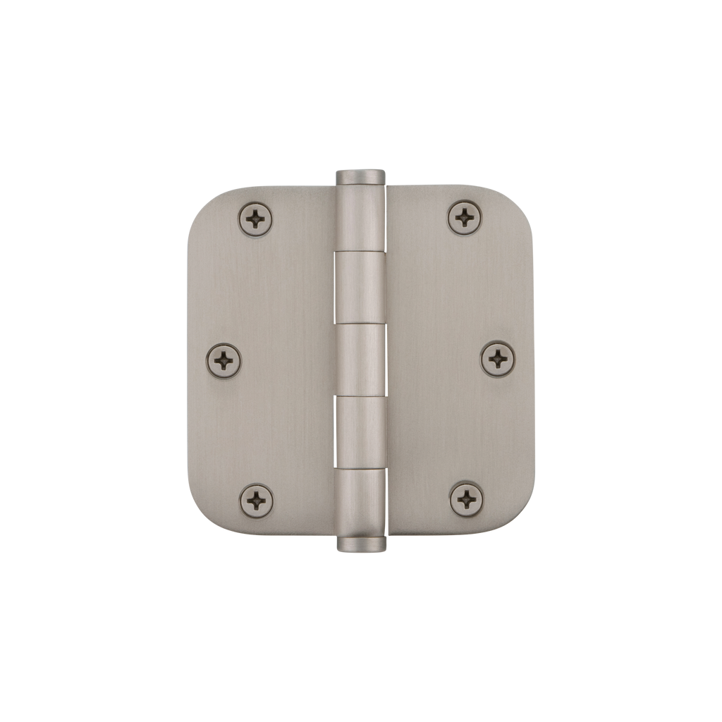 3.5" Button Tip Residential Hinge with 5/8" Radius Corners in Satin Nickel