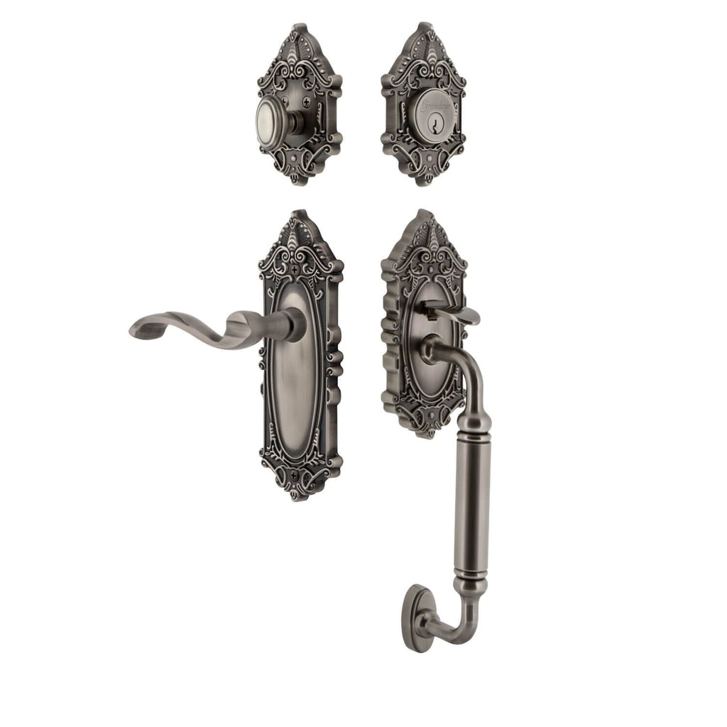 Grande Victorian Plate C Grip Entry Set Portofino Lever Knob in Antique Pewter