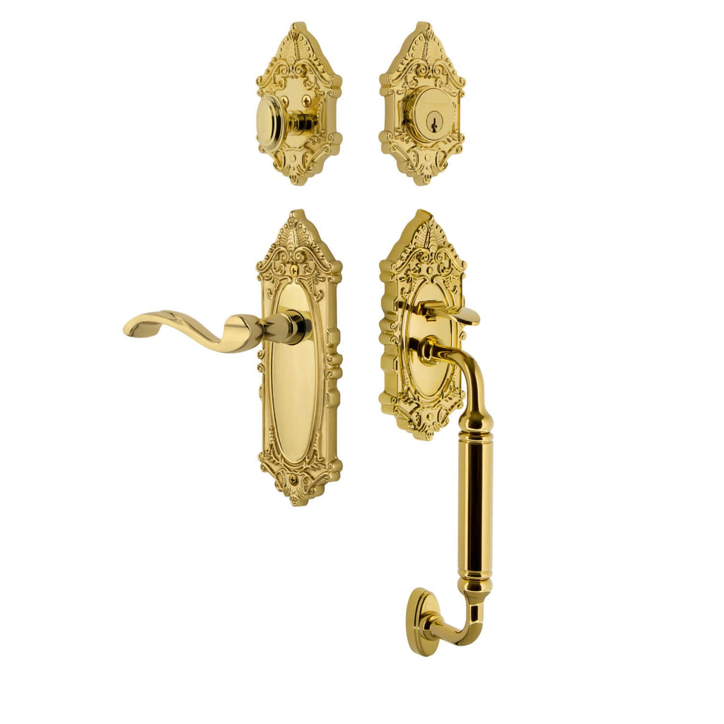 Grande Victorian Plate C Grip Entry Set Portofino Lever Knob in Lifetime Brass