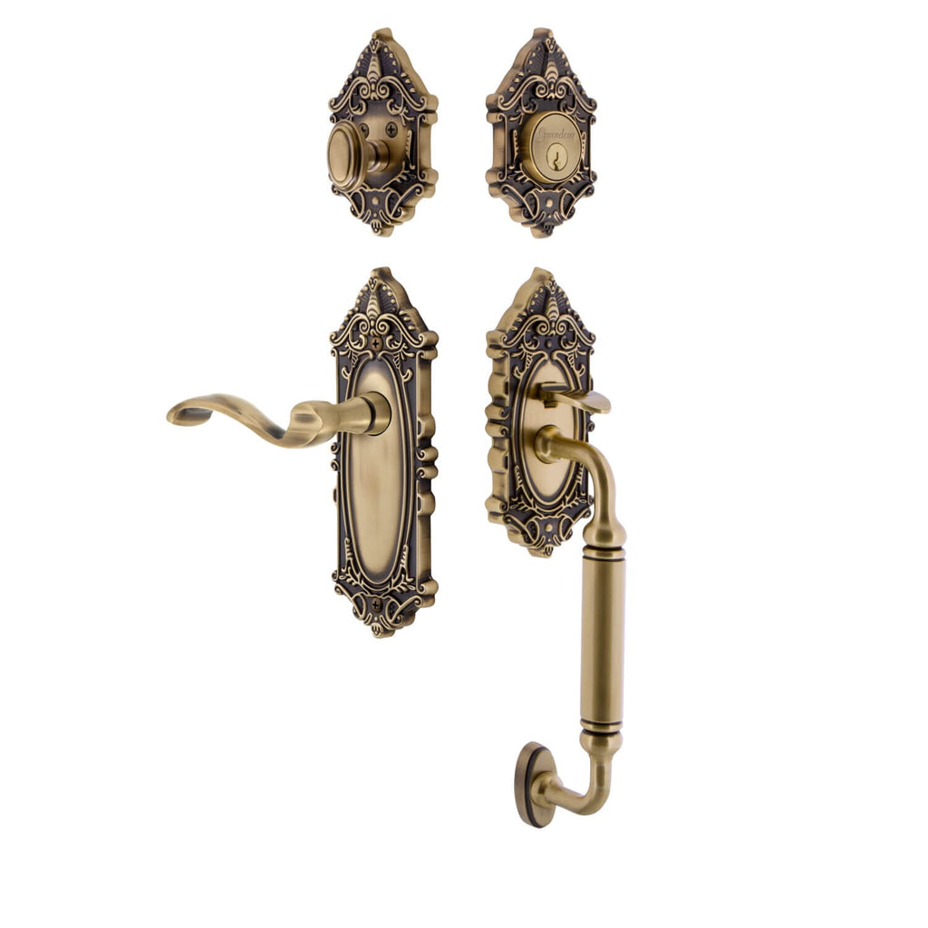 Grande Victorian Plate C Grip Entry Set Portofino Lever Knob in Vintage Brass