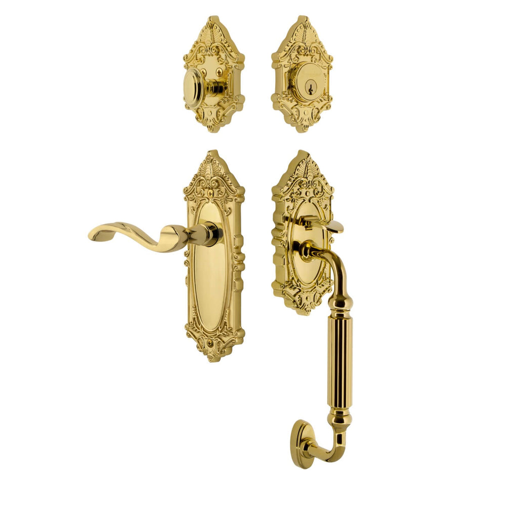 Grande Victorian Plate F Grip Entry Set Portofino Lever Knob in Lifetime Brass