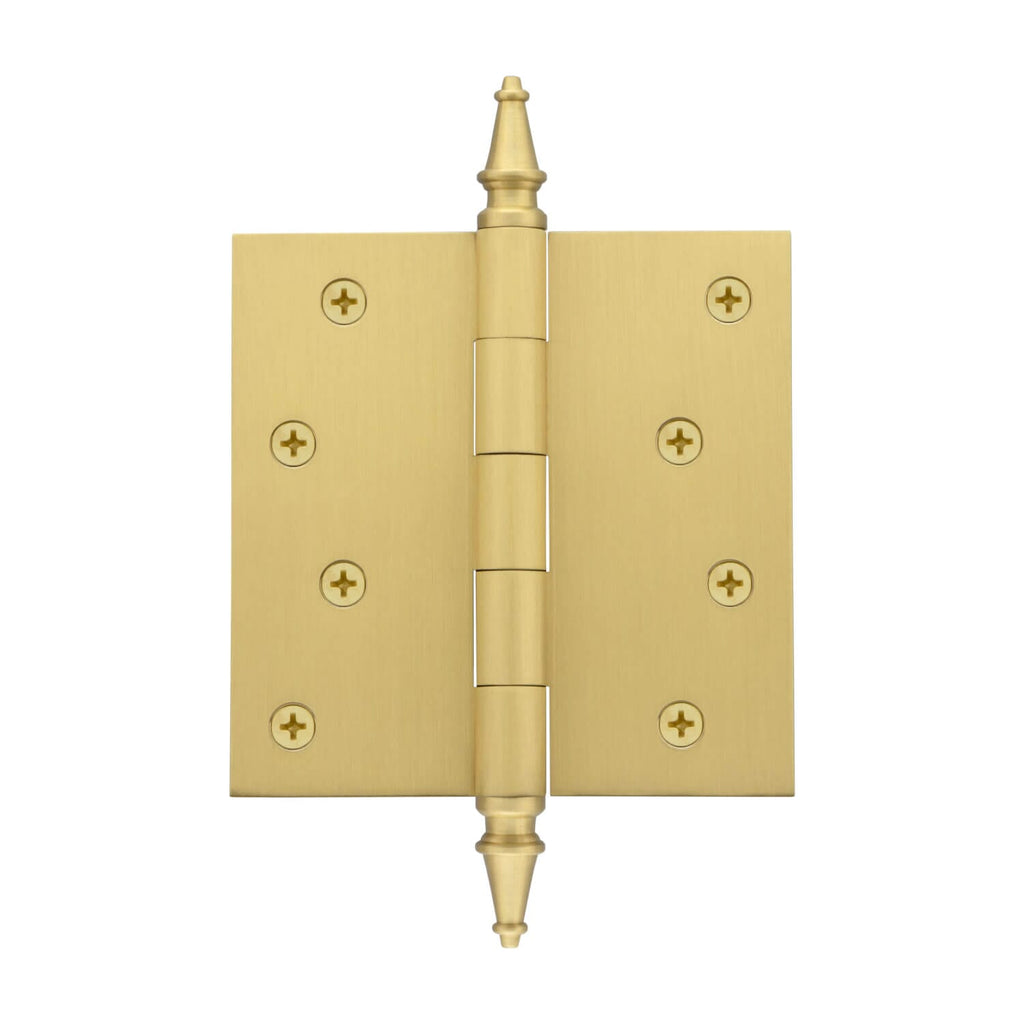 4" Steeple Tip Residential Hinge with Square Corners in Satin Brass