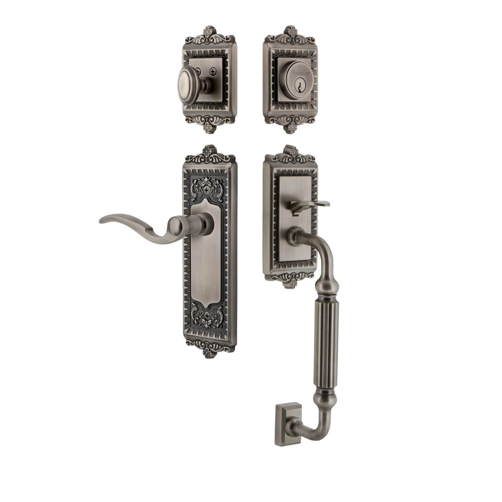 Windsor Plate F Grip Entry Set Bellagio Lever in Antique Pewter