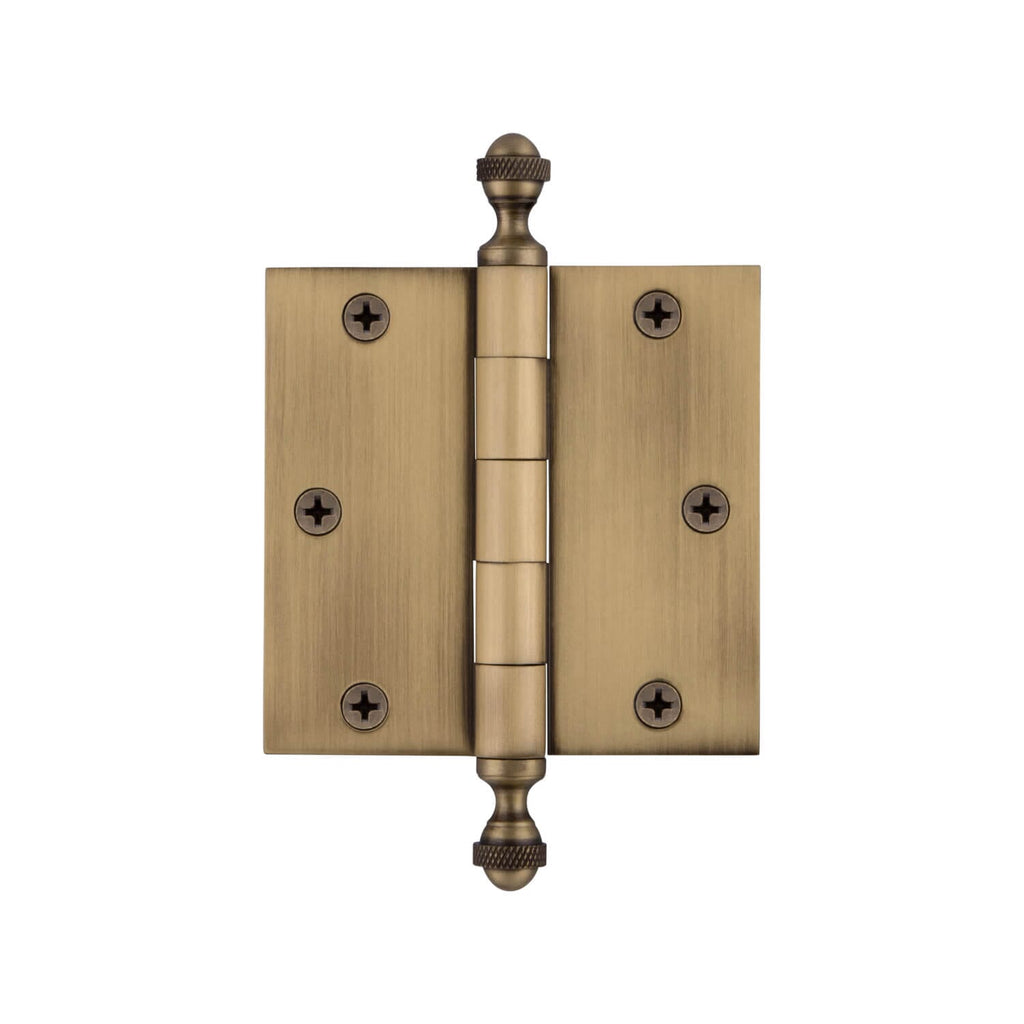 3.5" Acorn Tip Residential Hinge with Square Corners in Vintage Brass