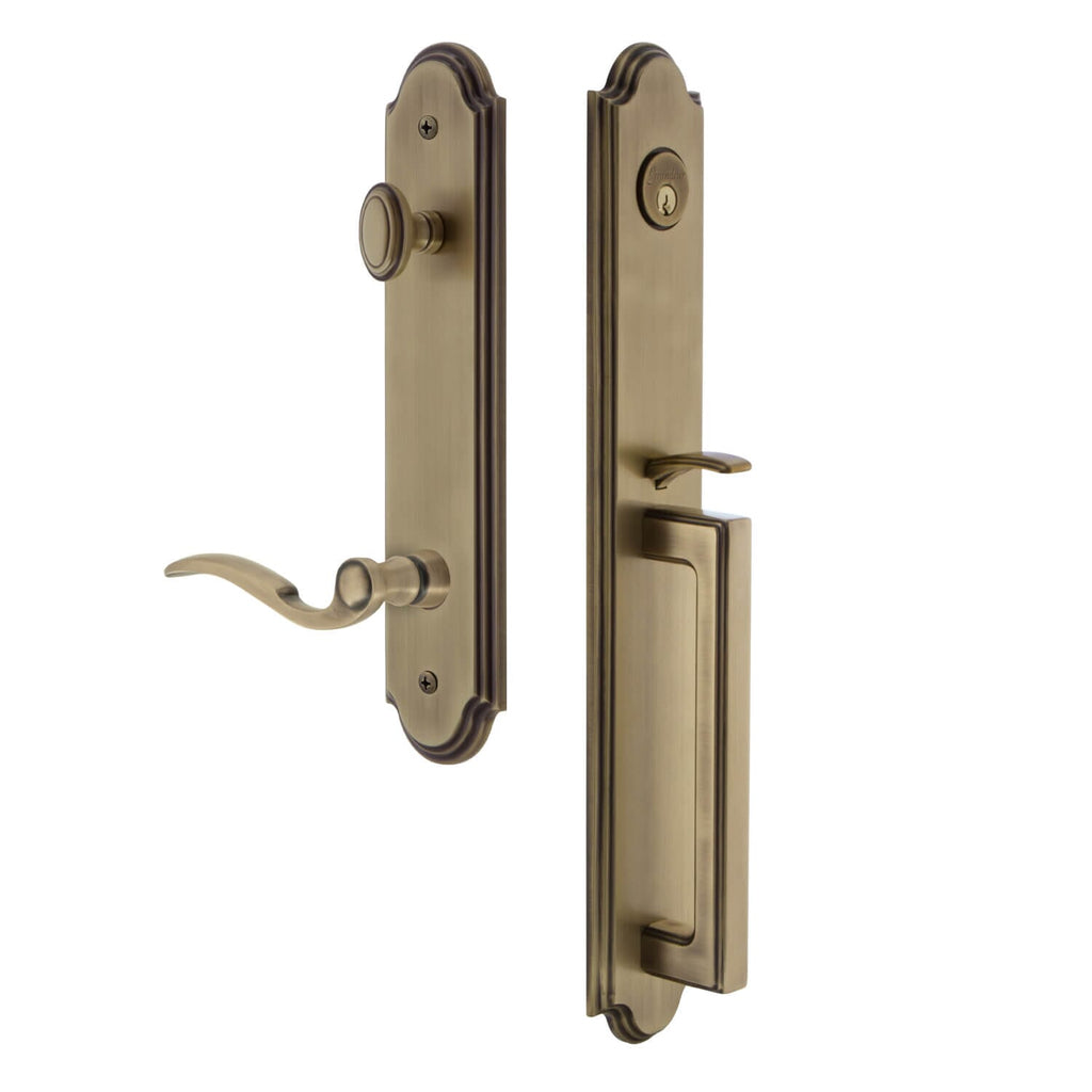Arc One-Piece Handleset with D Grip and Bellagio Lever in Vintage Brass