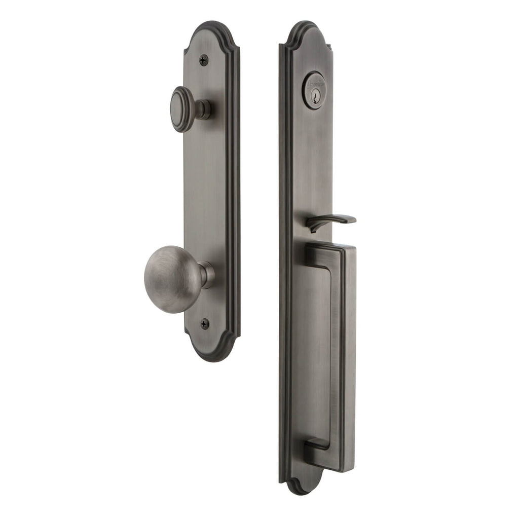 Arc One-Piece Handleset with D Grip and Fifth Avenue Knob in Antique Pewter