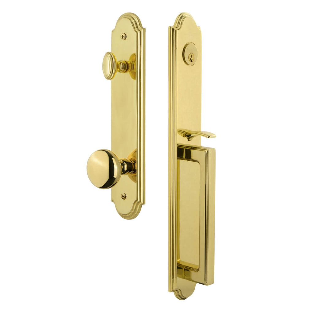 Arc One-Piece Handleset with D Grip and Fifth Avenue Knob in Lifetime Brass