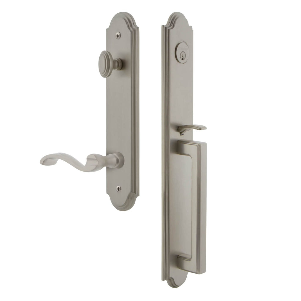 Arc One-Piece Handleset with D Grip and Portofino Lever in Satin Nickel