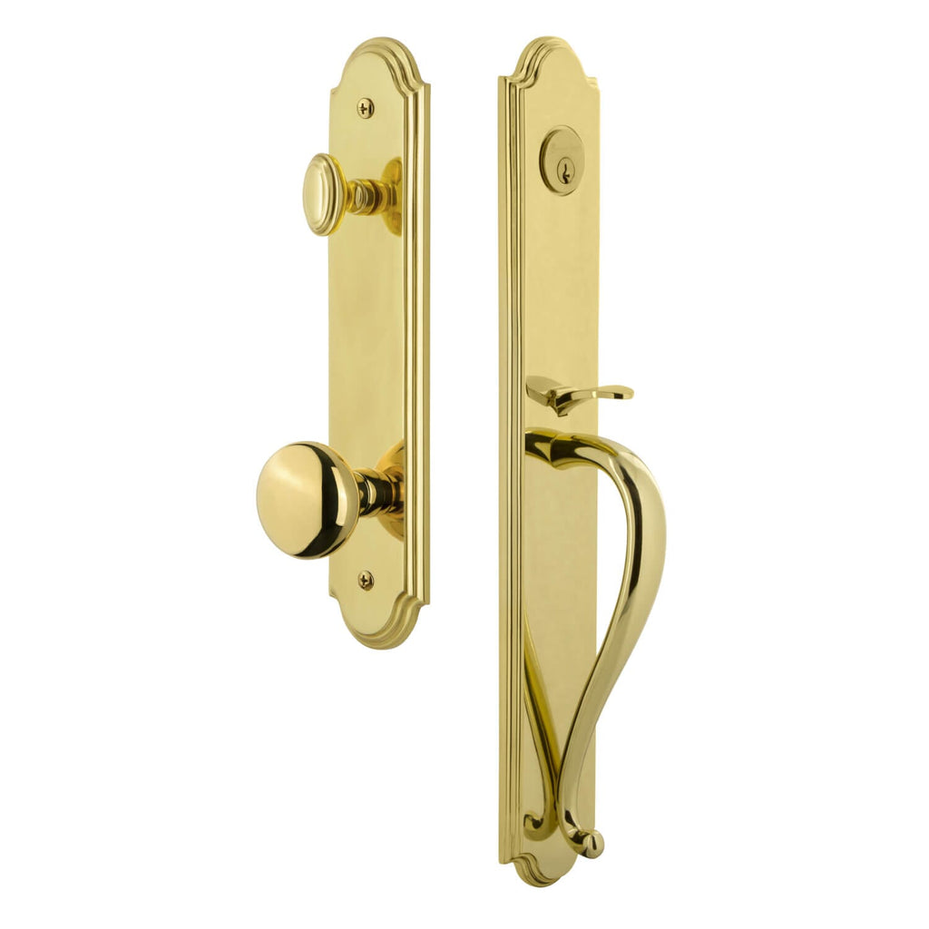 Arc One-Piece Handleset with S Grip and Fifth Avenue Knob in Lifetime Brass