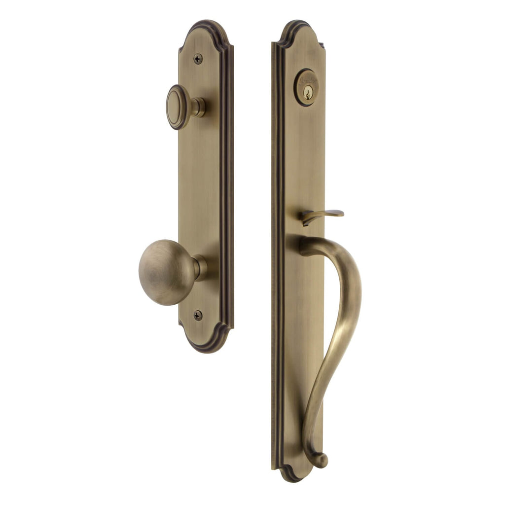 Arc One-Piece Handleset with S Grip and Fifth Avenue Knob in Vintage Brass