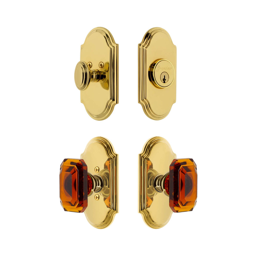 Arc Short Plate Entry Set with Baguette Amber Crystal Knob in Lifetime Brass