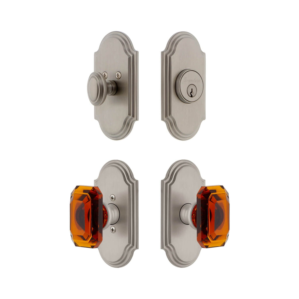 Arc Short Plate Entry Set with Baguette Amber Crystal Knob in Satin Nickel
