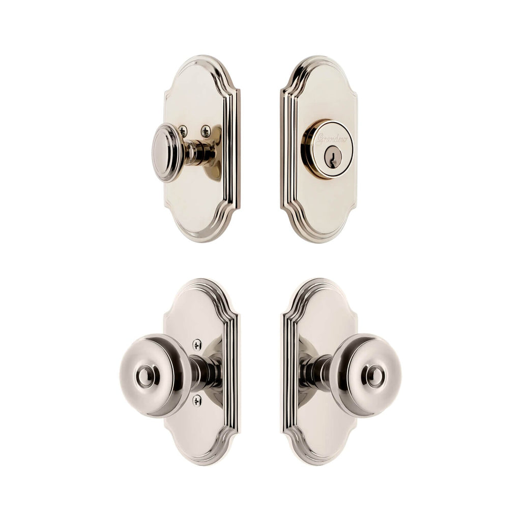 Arc Short Plate Entry Set with Bouton Knob in Polished Nickel