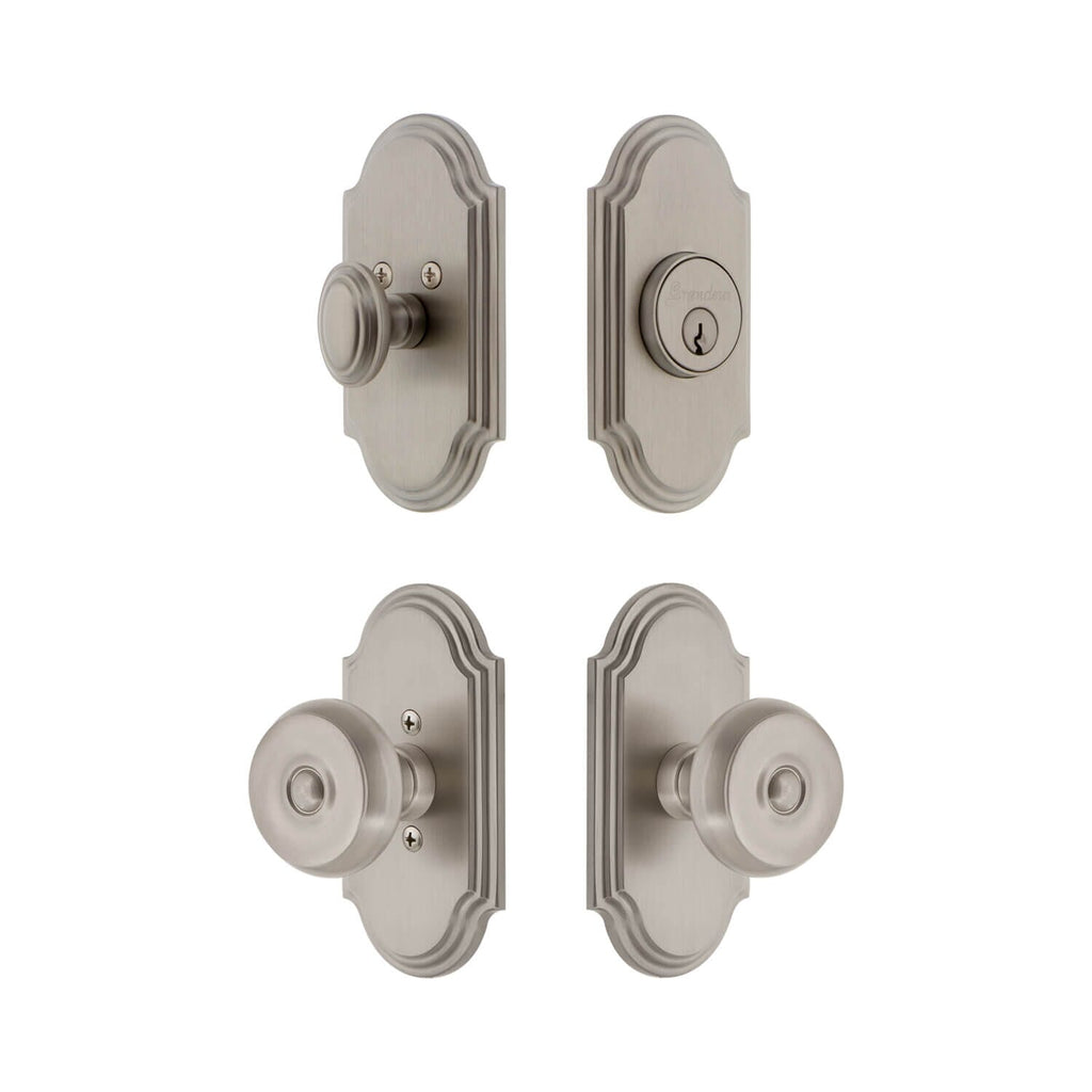 Arc Short Plate Entry Set with Bouton Knob in Satin Nickel