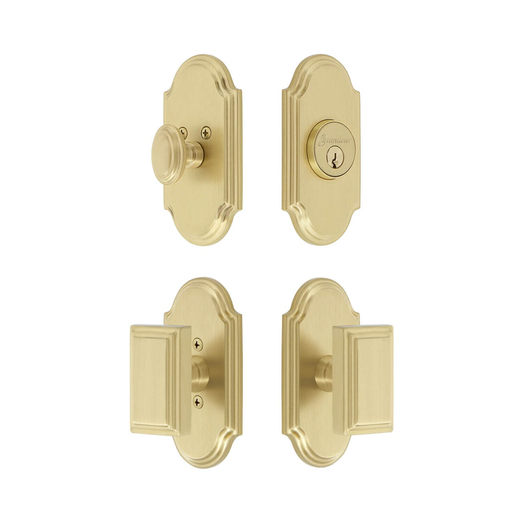 Arc Short Plate Entry Set with Carre Knob in Satin Brass