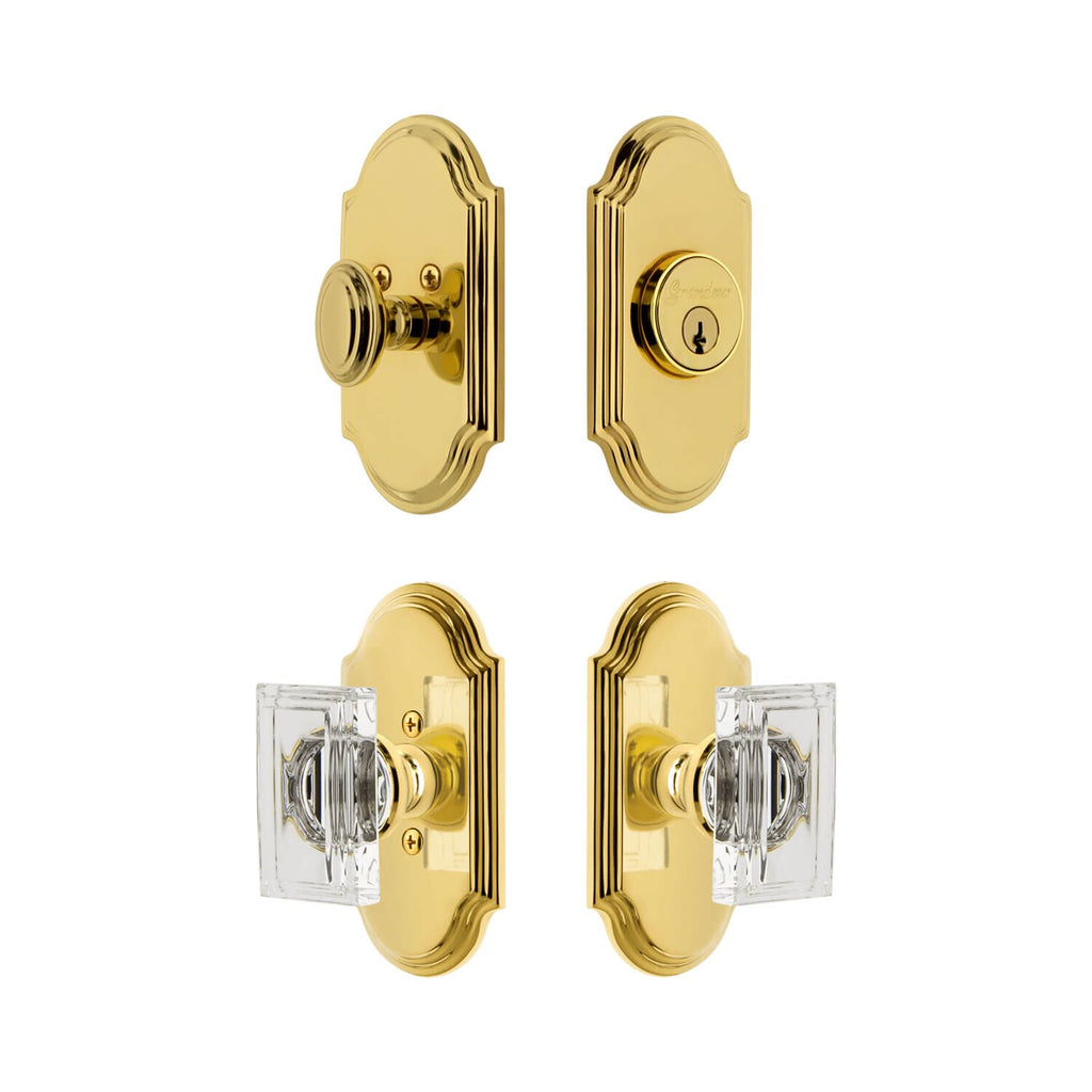 Arc Short Plate Entry Set with Carre Crystal Knob in Lifetime Brass