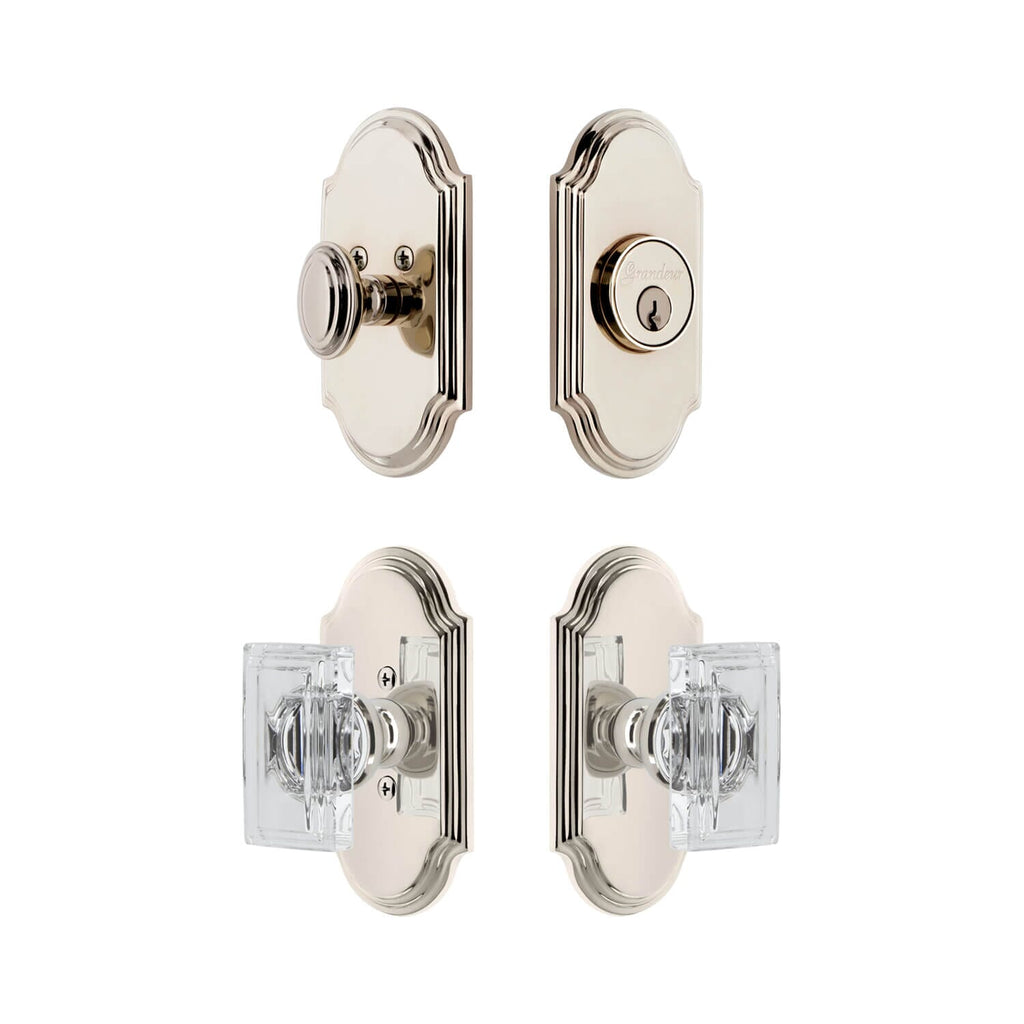 Arc Short Plate Entry Set with Carre Crystal Knob in Polished Nickel