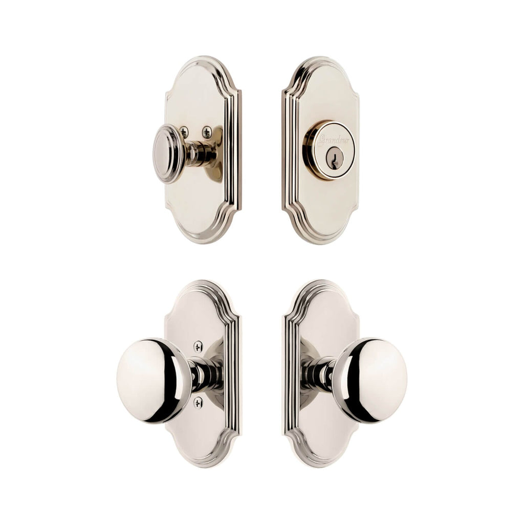 Arc Short Plate Entry Set with Fifth Avenue Knob in Polished Nickel