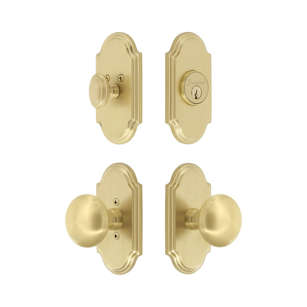 Arc Short Plate Entry Set with Fifth Avenue Knob in Satin Brass