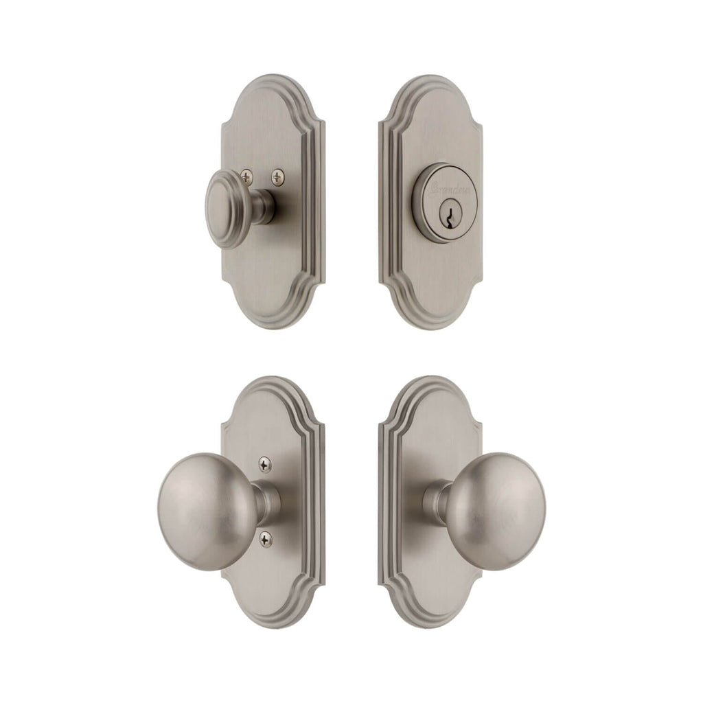 Arc Short Plate Entry Set with Fifth Avenue Knob in Satin Nickel