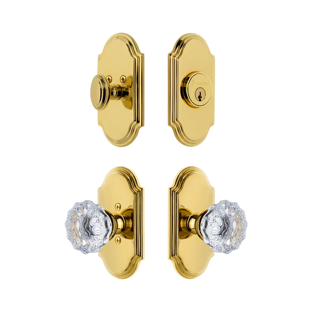 Arc Short Plate Entry Set with Fontainebleau Crystal Knob in Lifetime Brass