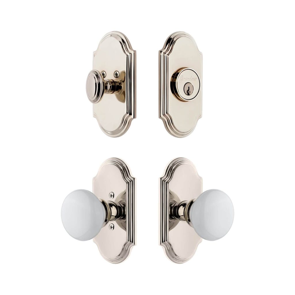 Arc Short Plate Entry Set with Hyde Park Knob in Polished Nickel