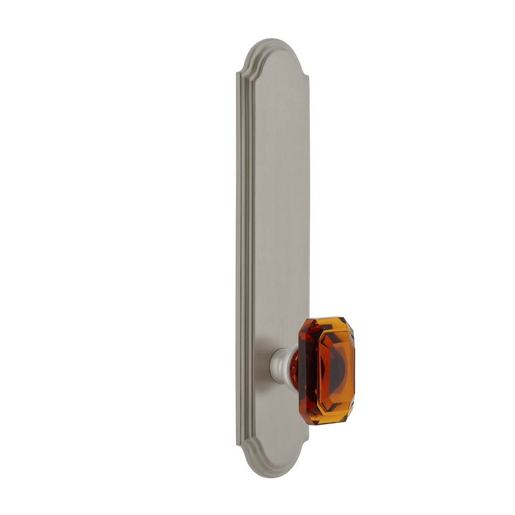 Arc Tall Plate with Baguette Amber Crystal Knob in Satin Nickel