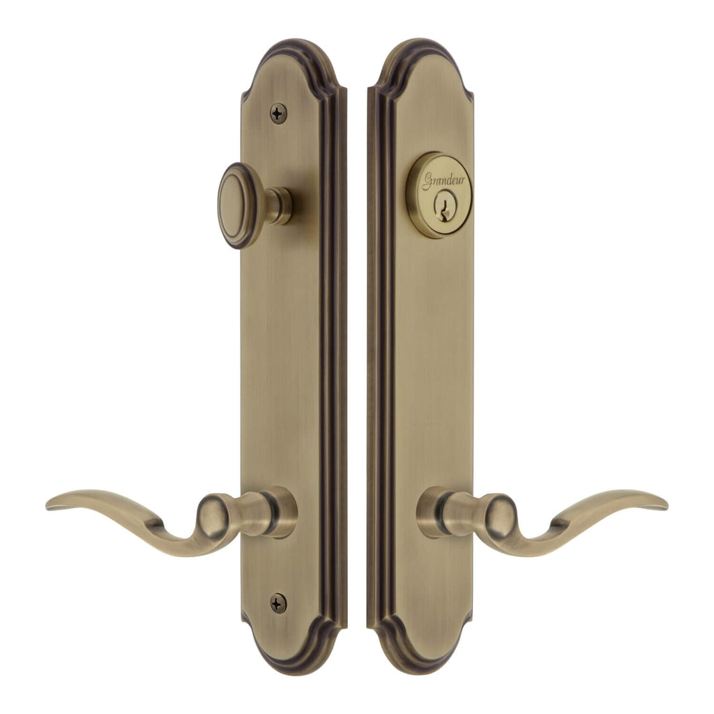 Arc Tall Plate Entry Set with Bellagio Lever in Vintage Brass