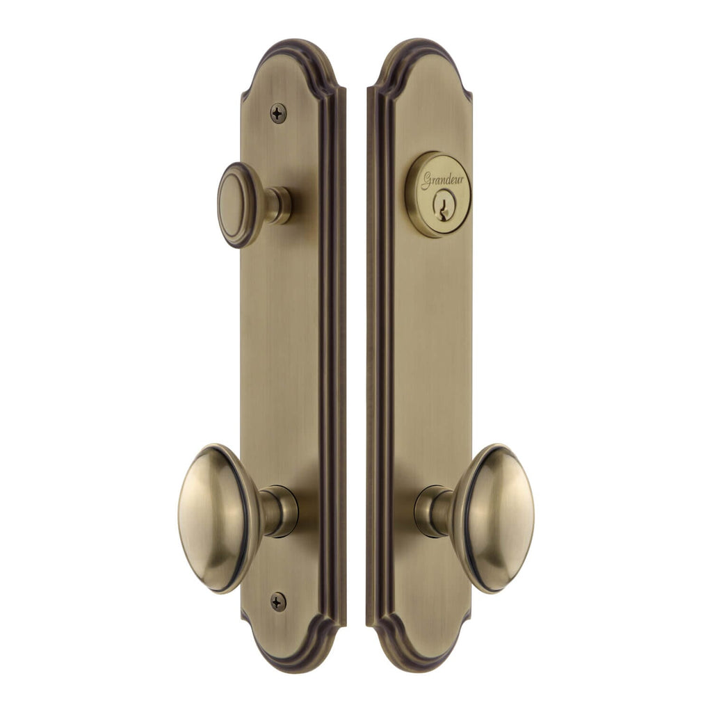 Arc Tall Plate Entry Set with Eden Prairie Knob in Vintage Brass