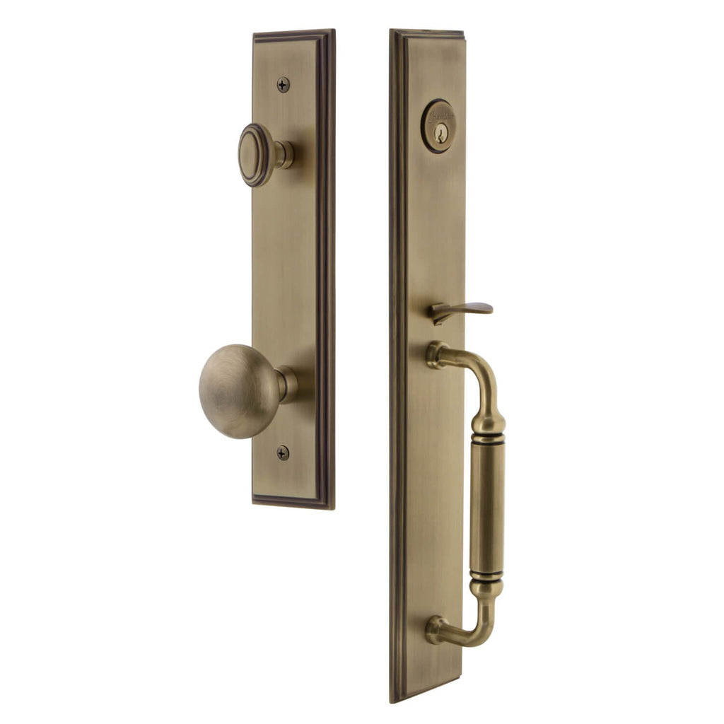 Carré One-Piece Handleset with C Grip and Fifth Avenue Knob in Vintage Brass