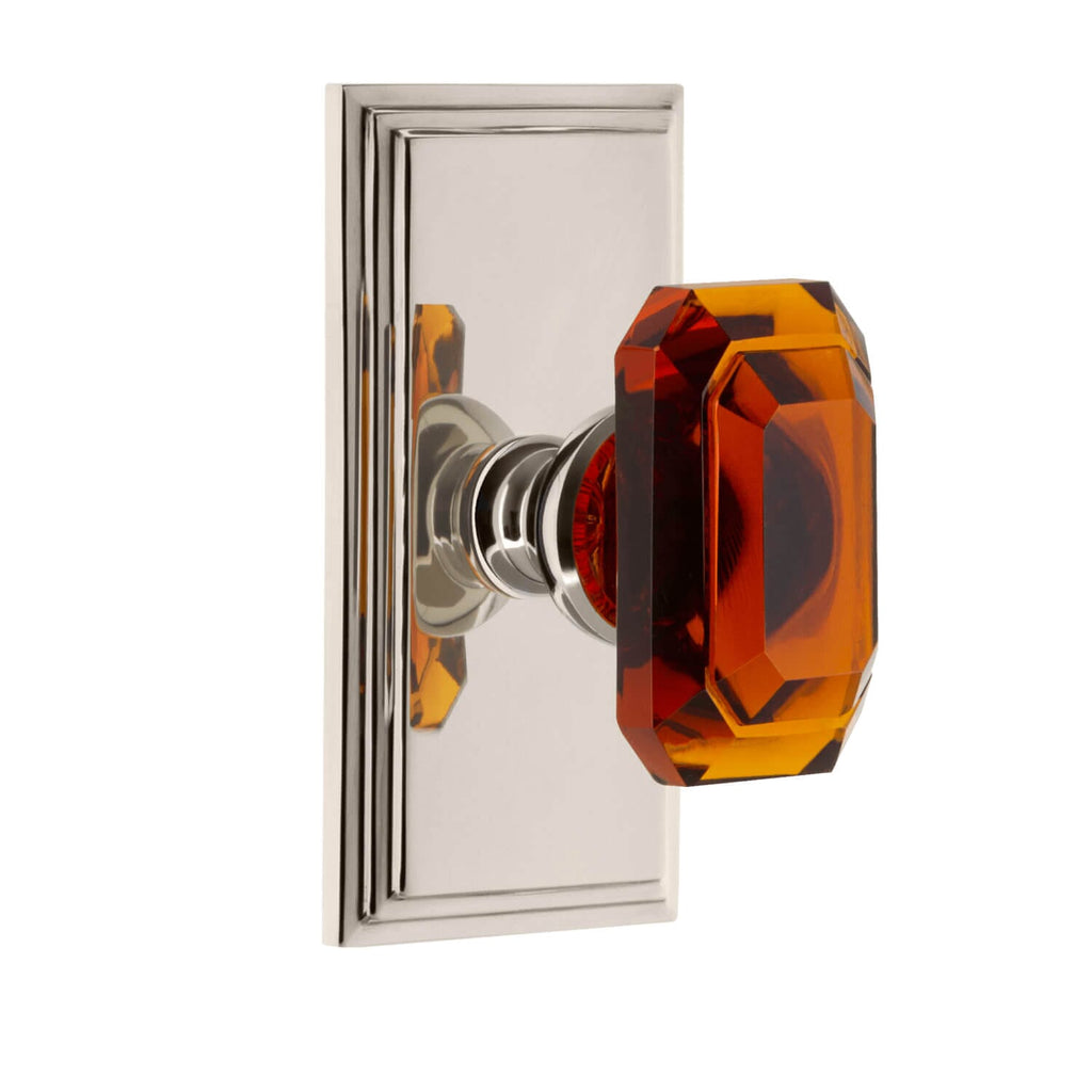 Carré Short Plate with Baguette Amber Crystal Knob in Polished Nickel