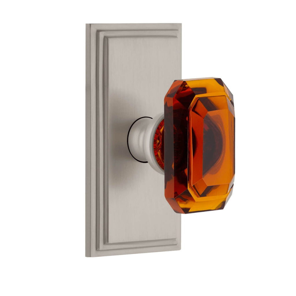 Carré Short Plate with Baguette Amber Crystal Knob in Satin Nickel