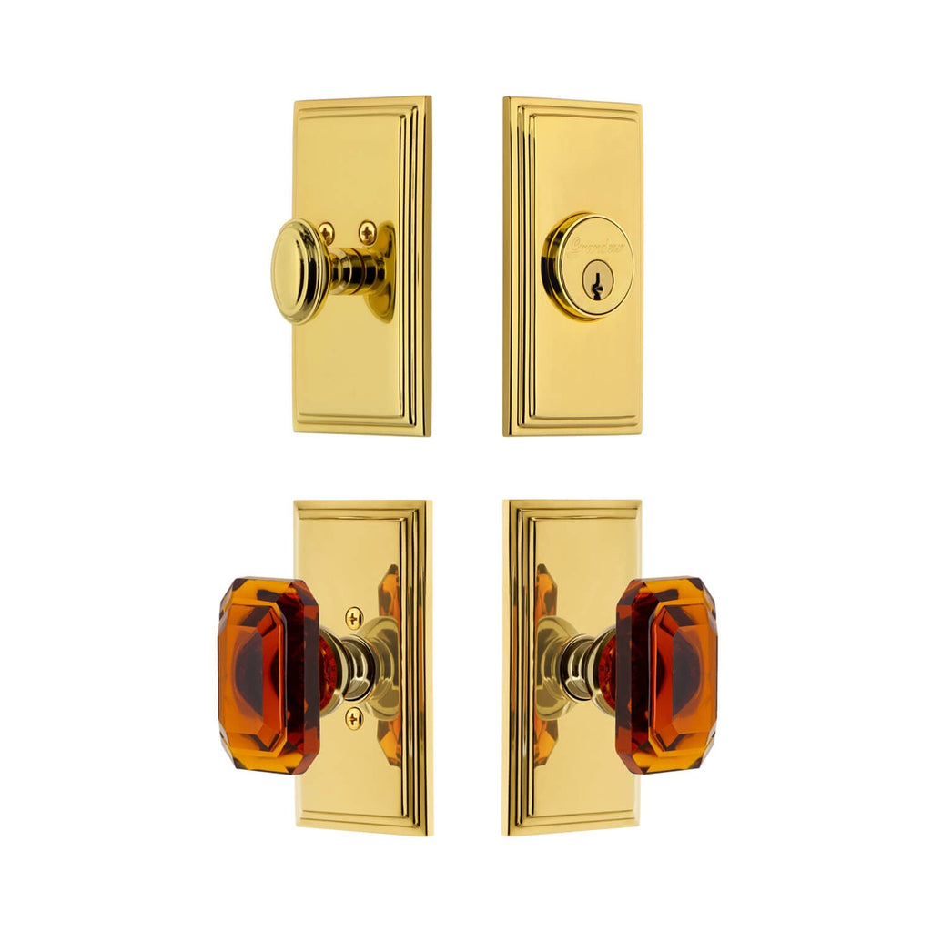 Carre Short Plate Entry Set with Baguette Amber Crystal Knob in Lifetime Brass