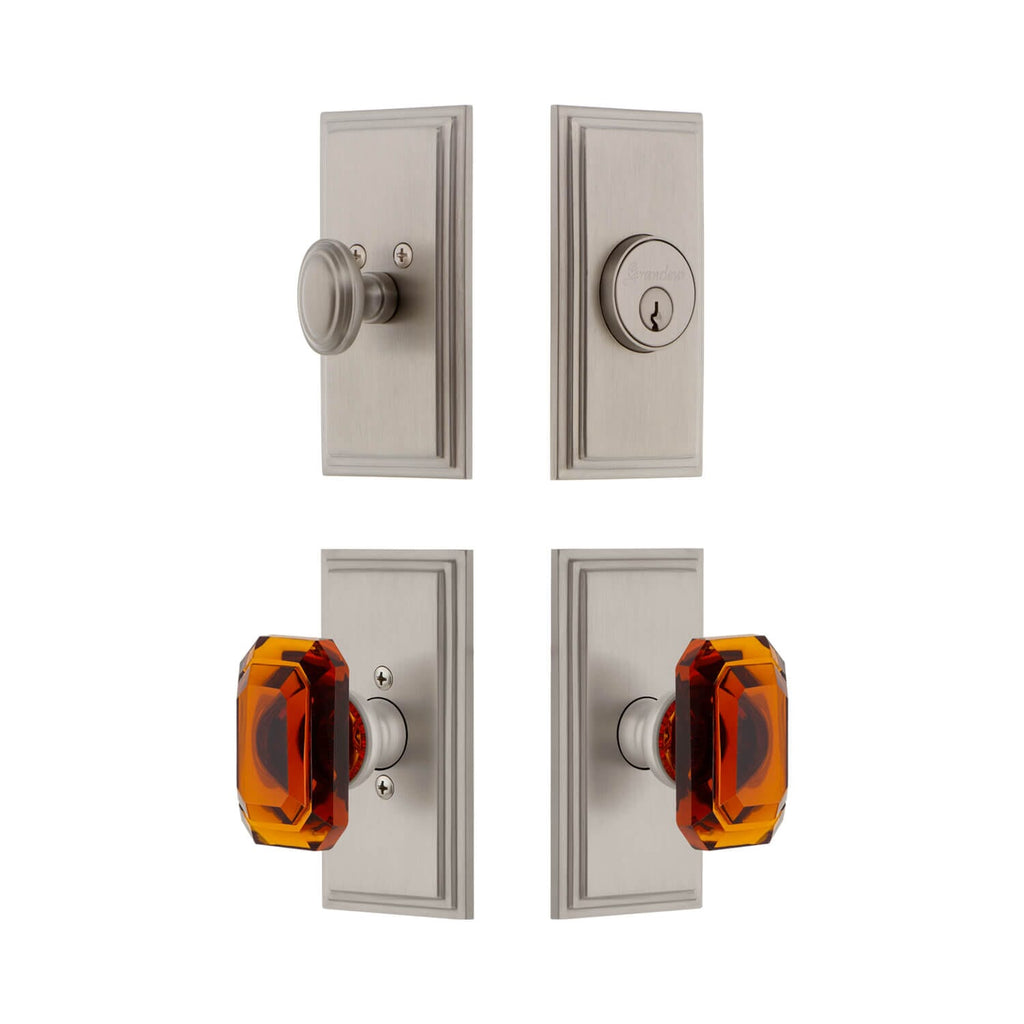 Carre Short Plate Entry Set with Baguette Amber Crystal Knob in Satin Nickel